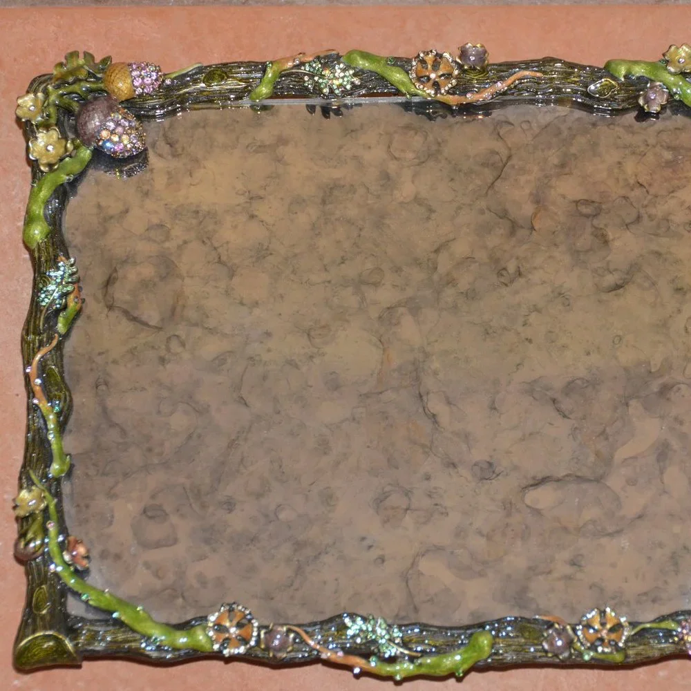 JAY STRONGWATER AUTUMN LEAF TWIG ACORN CRYSTAL ENAMEL MIRROR VANITY TRAY